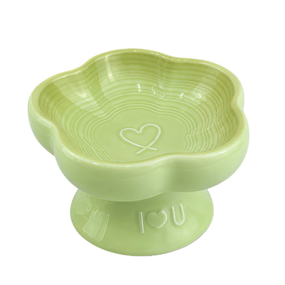 Flower Ceramic Pet Bowl for Cats and Small Dogs, Raised Pet Feeding Bowl with Wide Opening, Food Grade Ceramic Cat Bowl for Kittens, Puppies and Small Pets, Cute Elevated Food and Water Dish-green