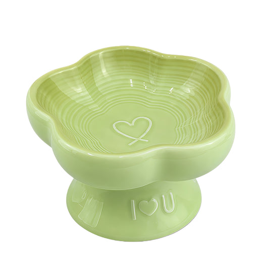 Flower Ceramic Pet Bowl for Cats and Small Dogs, Raised Pet Feeding Bowl with Wide Opening, Food Grade Ceramic Cat Bowl for Kittens, Puppies and Small Pets, Cute Elevated Food and Water Dish-green