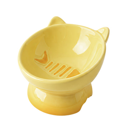 Elevated Cat Bowl, Raised Cat Food Bowl with Cute Cat Ear Design, Deep Pet Food Bowl for Small & Medium Cats and Dogs, Easy to Clean Dog Food Bowl, 5.31 Inch Yellow