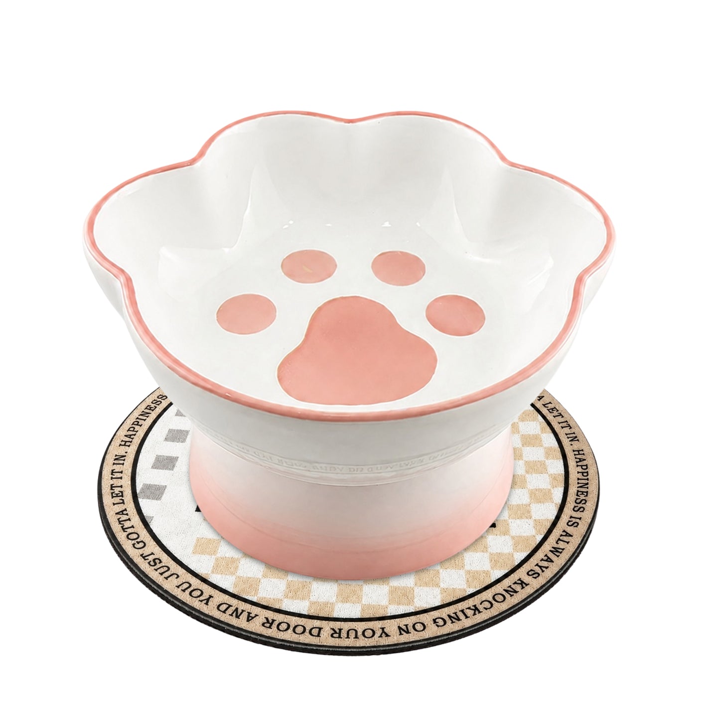 Ceramic Pet Bowl for Cats & Small Dogs, Elevated Paw-Shaped Food & Water Bowl, 400ml Wide-Mouth Feeding Bowl with Non-Slip Mat, Easy to Clean, Cute Cat & Puppy Dish-Pink