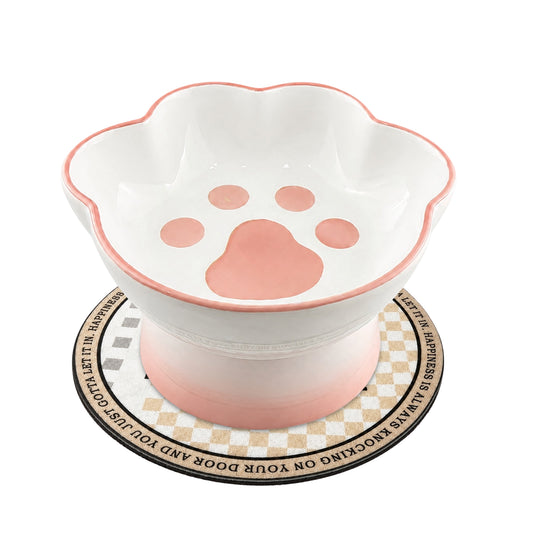 Ceramic Pet Bowl for Cats & Small Dogs, Elevated Paw-Shaped Food & Water Bowl, 400ml Wide-Mouth Feeding Bowl with Non-Slip Mat, Easy to Clean, Cute Cat & Puppy Dish-Pink