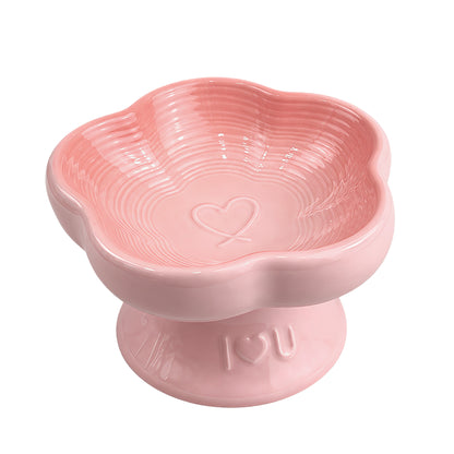 Flower Ceramic Pet Bowl for Cats and Small Dogs, Raised Pet Feeding Bowl with Wide Opening, Food Grade Ceramic Cat Bowl for Kittens, Puppies and Small Pets, Cute Elevated Food and Water Dish-pink