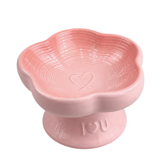 Flower Ceramic Pet Bowl for Cats and Small Dogs, Raised Pet Feeding Bowl with Wide Opening, Food Grade Ceramic Cat Bowl for Kittens, Puppies and Small Pets, Cute Elevated Food and Water Dish-pink