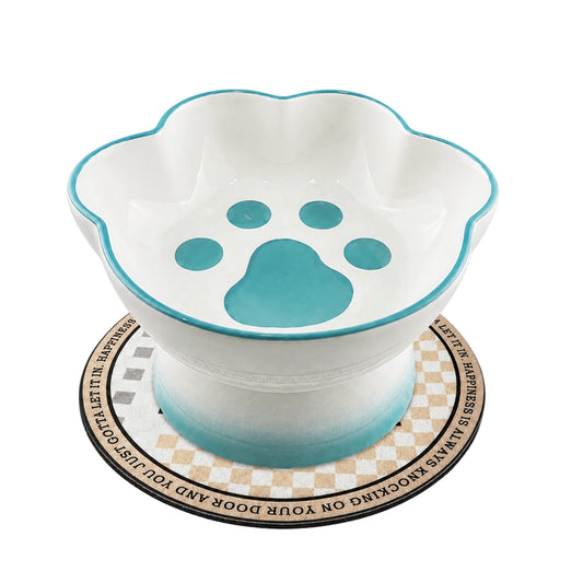 Ceramic Pet Bowl for Cats & Small Dogs, Elevated Paw-Shaped Food & Water Bowl, 400ml Wide-Mouth Feeding Bowl with Non-Slip Mat, Easy to Clean, Cute Cat & Puppy Dish-Blue