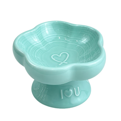 Flower Ceramic Pet Bowl for Cats and Small Dogs, Raised Pet Feeding Bowl with Wide Opening, Food Grade Ceramic Cat Bowl for Kittens, Puppies and Small Pets, Cute Elevated Food and Water Dish-blue