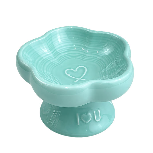 Flower Ceramic Pet Bowl for Cats and Small Dogs, Raised Pet Feeding Bowl with Wide Opening, Food Grade Ceramic Cat Bowl for Kittens, Puppies and Small Pets, Cute Elevated Food and Water Dish-blue