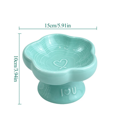 Flower Ceramic Pet Bowl for Cats and Small Dogs, Raised Pet Feeding Bowl with Wide Opening, Food Grade Ceramic Cat Bowl for Kittens, Puppies and Small Pets, Cute Elevated Food and Water Dish-blue