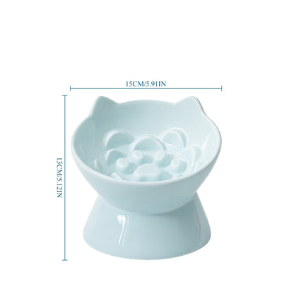 Cat & Dog Slow Feeder Bowl, Elevated Ceramic Pet Bowl, Anti-Gulping Slow Eating Bowl for Small & Medium Cats and Dogs, 5.9 Inch, Easy to Clean Blue