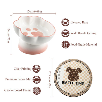 Ceramic Pet Bowl for Cats & Small Dogs, Elevated Paw-Shaped Food & Water Bowl, 400ml Wide-Mouth Feeding Bowl with Non-Slip Mat, Easy to Clean, Cute Cat & Puppy Dish-Pink