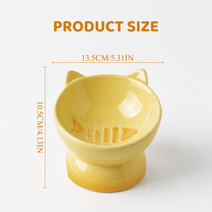 Elevated Cat Bowl, Raised Cat Food Bowl with Cute Cat Ear Design, Deep Pet Food Bowl for Small & Medium Cats and Dogs, Easy to Clean Dog Food Bowl, 5.31 Inch Yellow