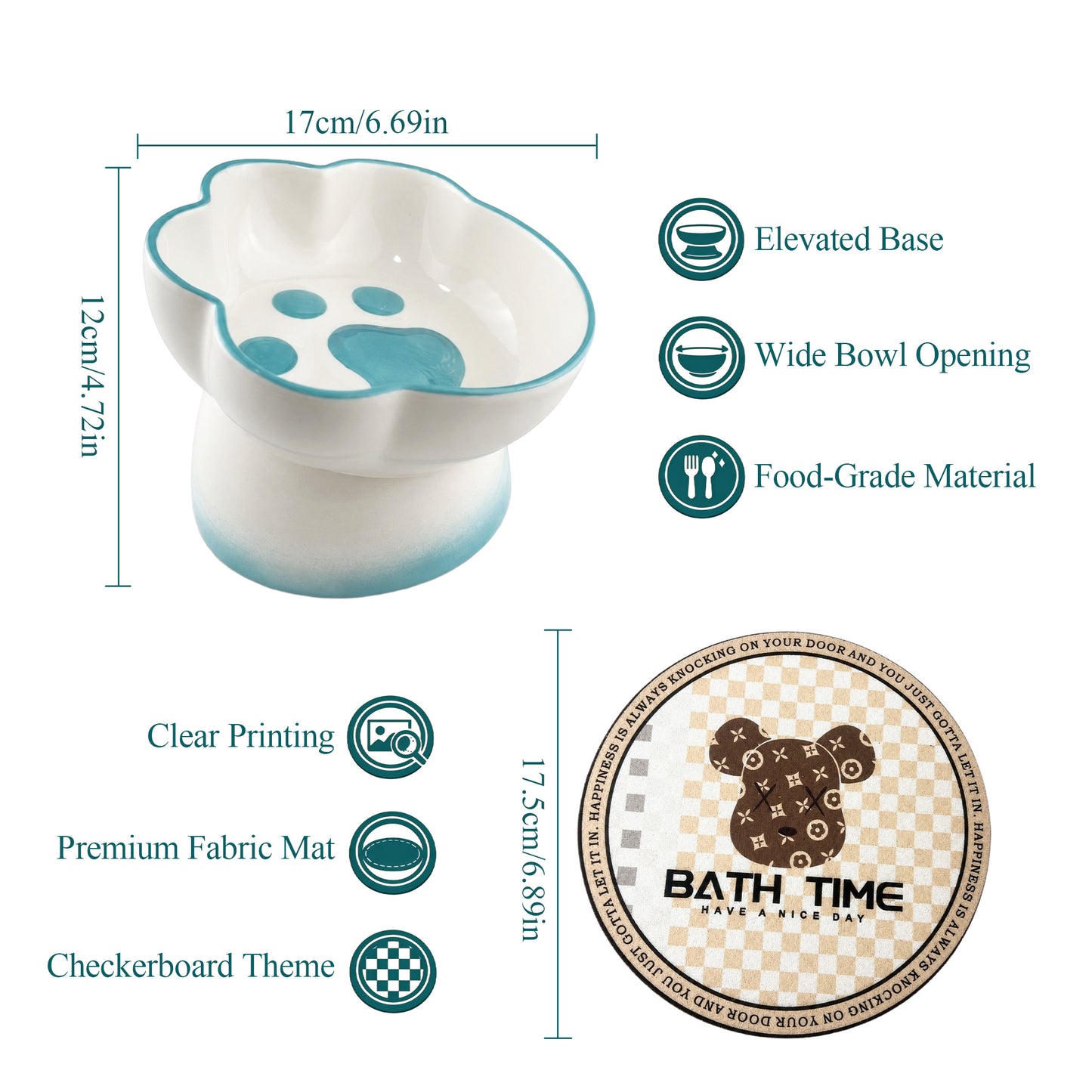Ceramic Pet Bowl for Cats & Small Dogs, Elevated Paw-Shaped Food & Water Bowl, 400ml Wide-Mouth Feeding Bowl with Non-Slip Mat, Easy to Clean, Cute Cat & Puppy Dish-Blue