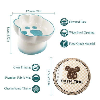 Ceramic Pet Bowl for Cats & Small Dogs, Elevated Paw-Shaped Food & Water Bowl, 400ml Wide-Mouth Feeding Bowl with Non-Slip Mat, Easy to Clean, Cute Cat & Puppy Dish-Blue