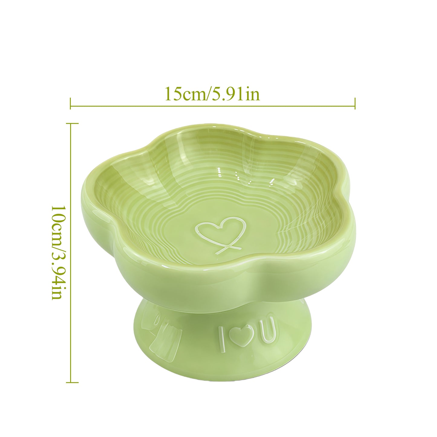 Flower Ceramic Pet Bowl for Cats and Small Dogs, Raised Pet Feeding Bowl with Wide Opening, Food Grade Ceramic Cat Bowl for Kittens, Puppies and Small Pets, Cute Elevated Food and Water Dish-green