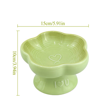 Flower Ceramic Pet Bowl for Cats and Small Dogs, Raised Pet Feeding Bowl with Wide Opening, Food Grade Ceramic Cat Bowl for Kittens, Puppies and Small Pets, Cute Elevated Food and Water Dish-green