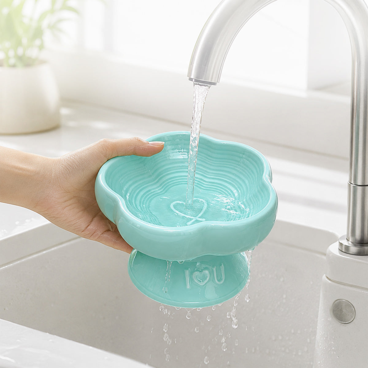 Flower Ceramic Pet Bowl for Cats and Small Dogs, Raised Pet Feeding Bowl with Wide Opening, Food Grade Ceramic Cat Bowl for Kittens, Puppies and Small Pets, Cute Elevated Food and Water Dish-blue