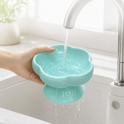 Flower Ceramic Pet Bowl for Cats and Small Dogs, Raised Pet Feeding Bowl with Wide Opening, Food Grade Ceramic Cat Bowl for Kittens, Puppies and Small Pets, Cute Elevated Food and Water Dish-blue