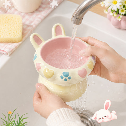 【pre-order】Bunny Ear Elevated Cat and Dog Food Bowl, Cute Raised Ceramic Pet Food Bowl for Cats & Small Dogs, Rabbit Ear Cat Food & Water Bowl with Pedestal Base, 5.9 Inch - Yellow