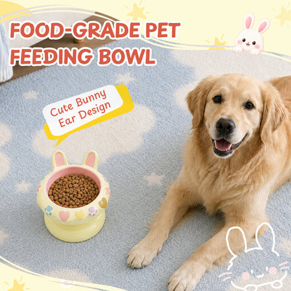 Bunny Ear Elevated Cat and Dog Food Bowl, Cute Raised Ceramic Pet Food Bowl for Cats & Small Dogs, Rabbit Ear Cat Food & Water Bowl with Pedestal Base, 5.9 Inch - Yellow