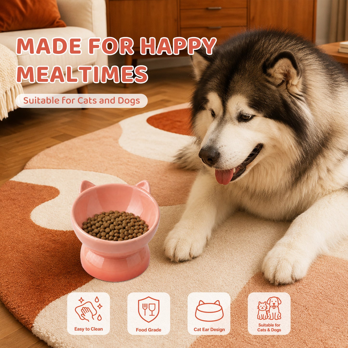 Elevated Cat Bowl, Raised Cat Food Bowl with Cute Cat Ear Design, Deep Pet Food Bowl for Small & Medium Cats and Dogs, Easy to Clean Dog Food Bowl, 5.31 Inch Orange