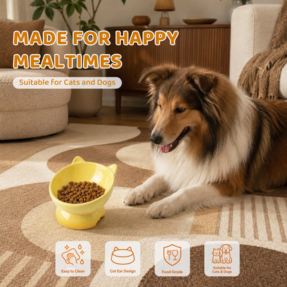 Elevated Cat Bowl, Raised Cat Food Bowl with Cute Cat Ear Design, Deep Pet Food Bowl for Small & Medium Cats and Dogs, Easy to Clean Dog Food Bowl, 5.31 Inch Yellow