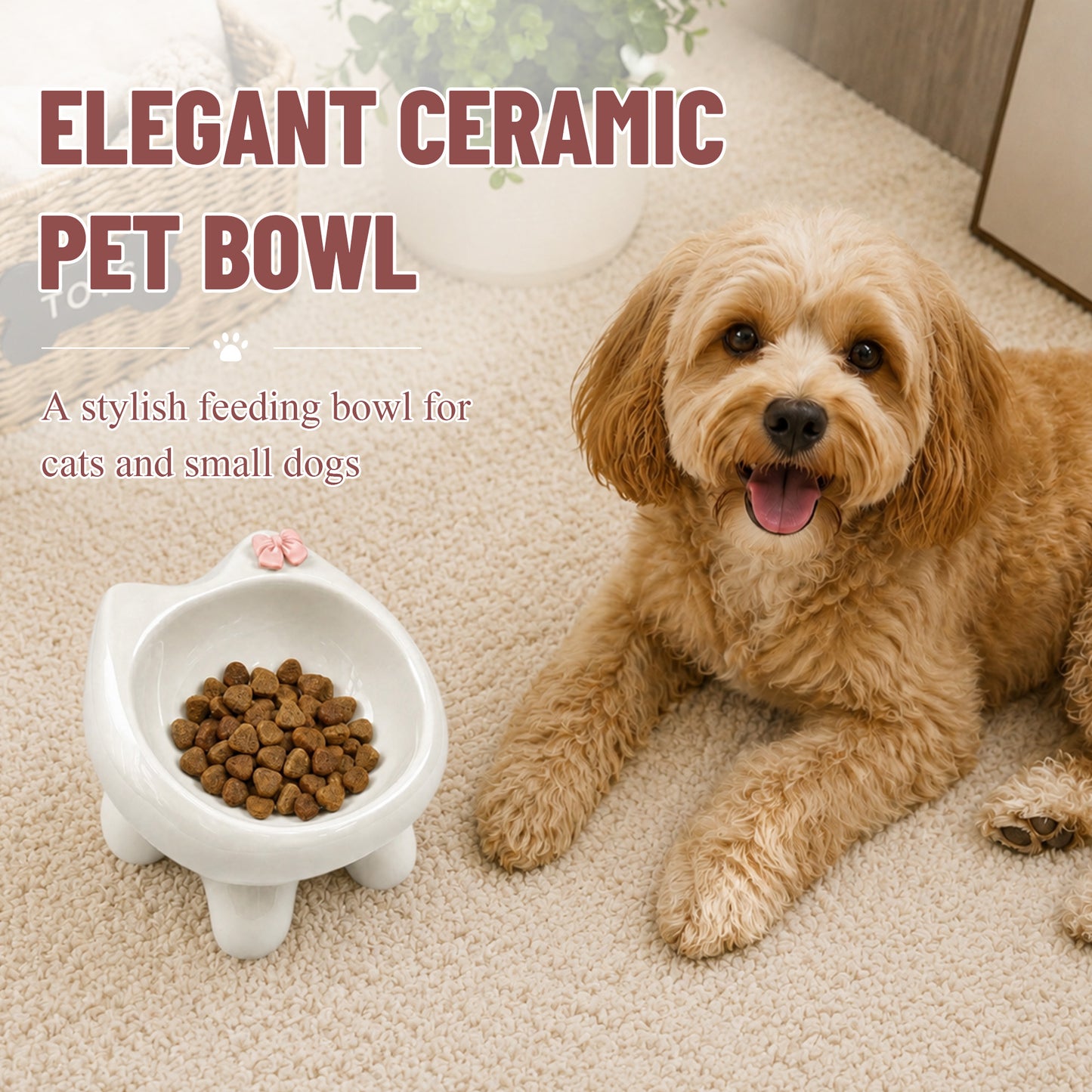 Ceramic Cat Bowl for Small Dogs and Cats: Cute Elevated Pet Food Bowl with Wide Opening, Easy Clean Feeding Dish for Kittens, Puppies and Small Pets-Beige