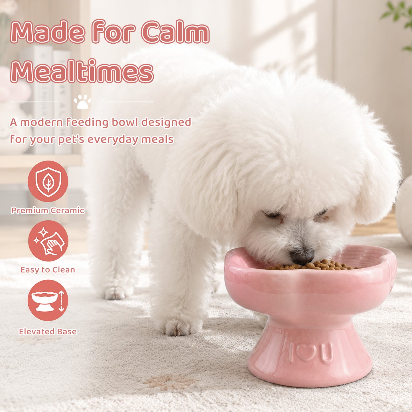 Flower Ceramic Pet Bowl for Cats and Small Dogs, Raised Pet Feeding Bowl with Wide Opening, Food Grade Ceramic Cat Bowl for Kittens, Puppies and Small Pets, Cute Elevated Food and Water Dish-pink