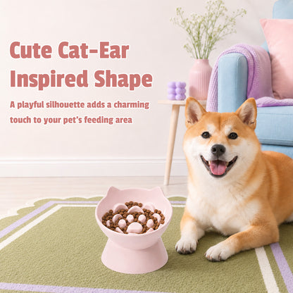 Cat & Dog Slow Feeder Bowl, Elevated Ceramic Pet Bowl, Anti-Gulping Slow Eating Bowl for Small & Medium Cats and Dogs, 5.9 Inch, Easy to Clean Pink