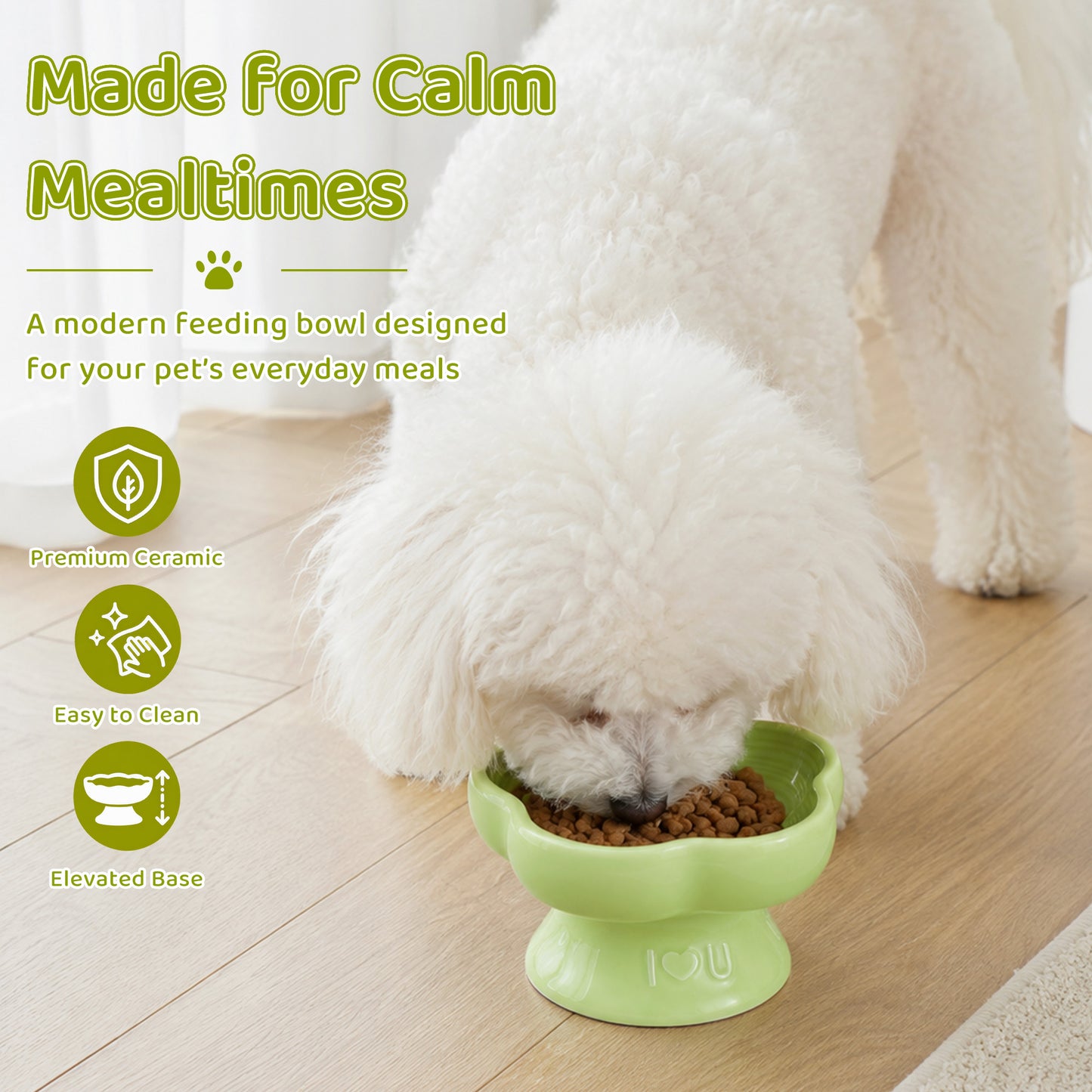Flower Ceramic Pet Bowl for Cats and Small Dogs, Raised Pet Feeding Bowl with Wide Opening, Food Grade Ceramic Cat Bowl for Kittens, Puppies and Small Pets, Cute Elevated Food and Water Dish-green
