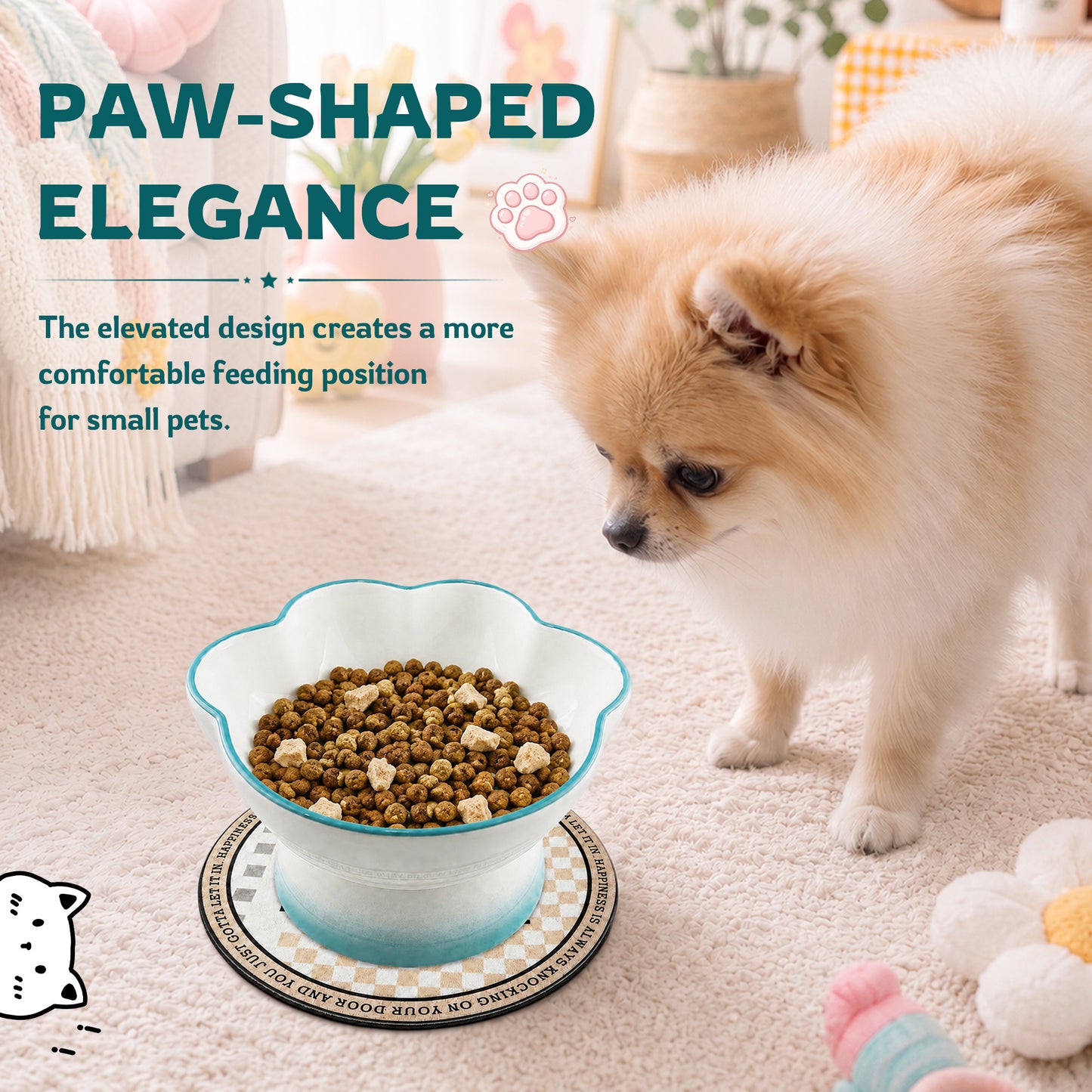 Ceramic Pet Bowl for Cats & Small Dogs, Elevated Paw-Shaped Food & Water Bowl, 400ml Wide-Mouth Feeding Bowl with Non-Slip Mat, Easy to Clean, Cute Cat & Puppy Dish-Blue