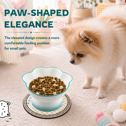 Ceramic Pet Bowl for Cats & Small Dogs, Elevated Paw-Shaped Food & Water Bowl, 400ml Wide-Mouth Feeding Bowl with Non-Slip Mat, Easy to Clean, Cute Cat & Puppy Dish-Blue