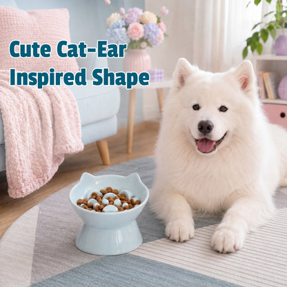 Cat & Dog Slow Feeder Bowl, Elevated Ceramic Pet Bowl, Anti-Gulping Slow Eating Bowl for Small & Medium Cats and Dogs, 5.9 Inch, Easy to Clean Blue