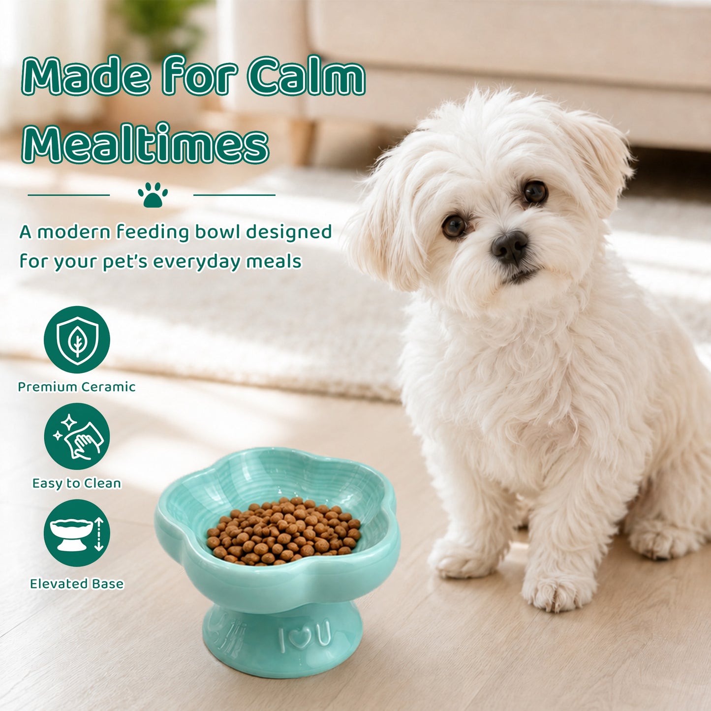 Flower Ceramic Pet Bowl for Cats and Small Dogs, Raised Pet Feeding Bowl with Wide Opening, Food Grade Ceramic Cat Bowl for Kittens, Puppies and Small Pets, Cute Elevated Food and Water Dish-blue