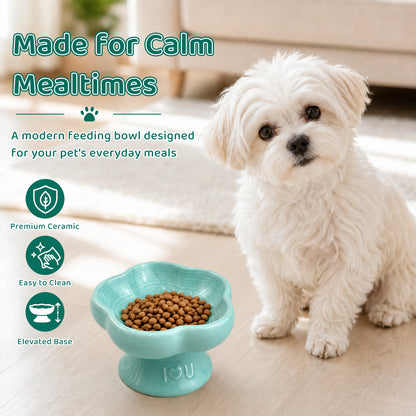 Flower Ceramic Pet Bowl for Cats and Small Dogs, Raised Pet Feeding Bowl with Wide Opening, Food Grade Ceramic Cat Bowl for Kittens, Puppies and Small Pets, Cute Elevated Food and Water Dish-blue