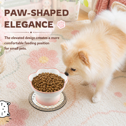 Ceramic Pet Bowl for Cats & Small Dogs, Elevated Paw-Shaped Food & Water Bowl, 400ml Wide-Mouth Feeding Bowl with Non-Slip Mat, Easy to Clean, Cute Cat & Puppy Dish-Pink
