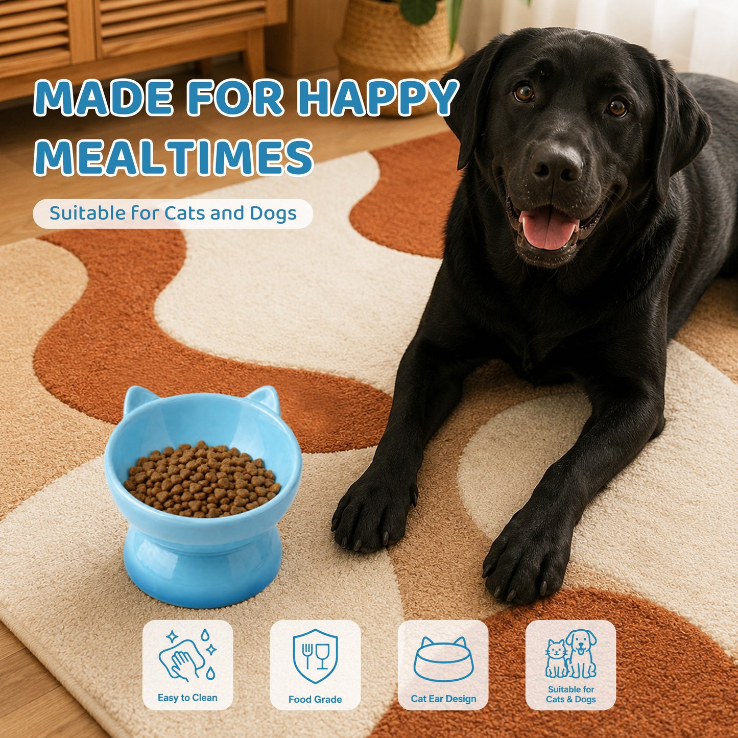 Elevated Cat Bowl, Raised Cat Food Bowl with Cute Cat Ear Design, Deep Pet Food Bowl for Small & Medium Cats and Dogs, Easy to Clean Dog Food Bowl, 5.31 Inch Blue
