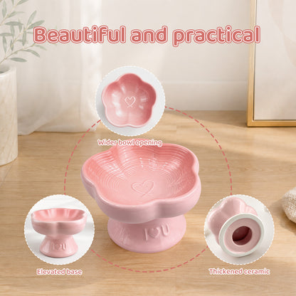 Flower Ceramic Pet Bowl for Cats and Small Dogs, Raised Pet Feeding Bowl with Wide Opening, Food Grade Ceramic Cat Bowl for Kittens, Puppies and Small Pets, Cute Elevated Food and Water Dish-pink