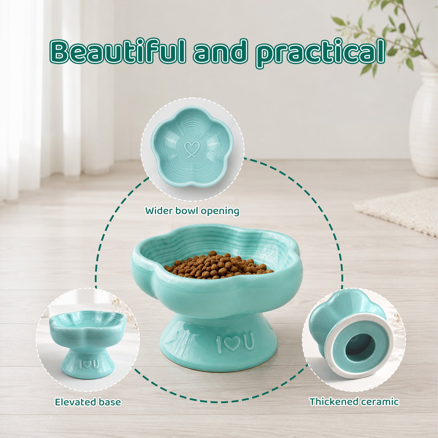 Flower Ceramic Pet Bowl for Cats and Small Dogs, Raised Pet Feeding Bowl with Wide Opening, Food Grade Ceramic Cat Bowl for Kittens, Puppies and Small Pets, Cute Elevated Food and Water Dish-blue