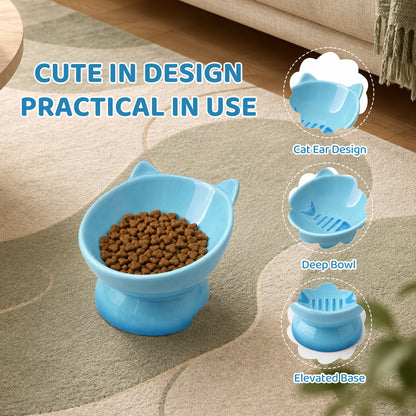 Elevated Cat Bowl, Raised Cat Food Bowl with Cute Cat Ear Design, Deep Pet Food Bowl for Small & Medium Cats and Dogs, Easy to Clean Dog Food Bowl, 5.31 Inch Blue