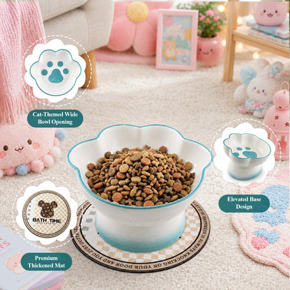 Ceramic Pet Bowl for Cats & Small Dogs, Elevated Paw-Shaped Food & Water Bowl, 400ml Wide-Mouth Feeding Bowl with Non-Slip Mat, Easy to Clean, Cute Cat & Puppy Dish-Blue