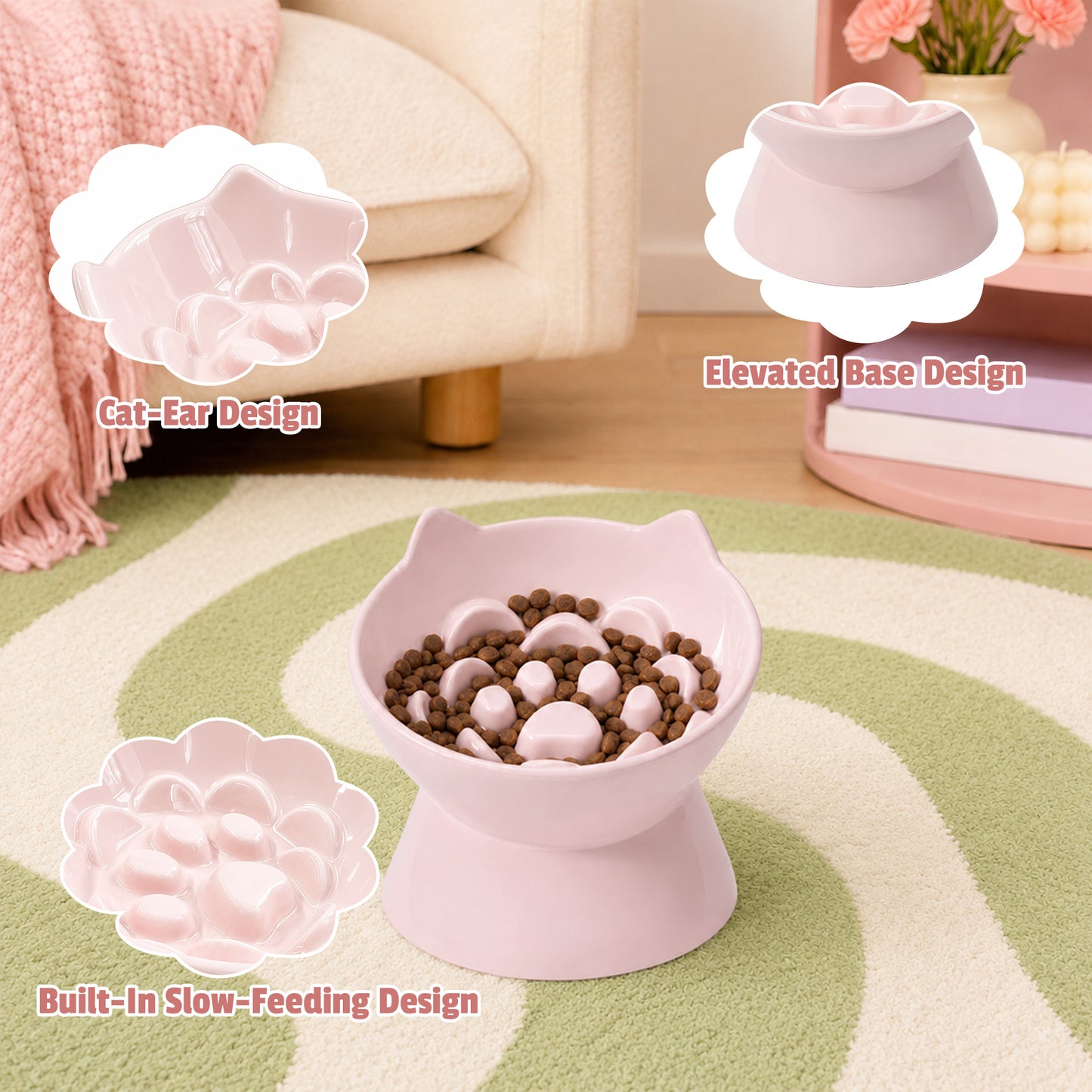 Cat & Dog Slow Feeder Bowl, Elevated Ceramic Pet Bowl, Anti-Gulping Slow Eating Bowl for Small & Medium Cats and Dogs, 5.9 Inch, Easy to Clean Pink
