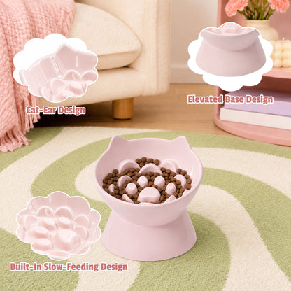 Cat & Dog Slow Feeder Bowl, Elevated Ceramic Pet Bowl, Anti-Gulping Slow Eating Bowl for Small & Medium Cats and Dogs, 5.9 Inch, Easy to Clean Pink