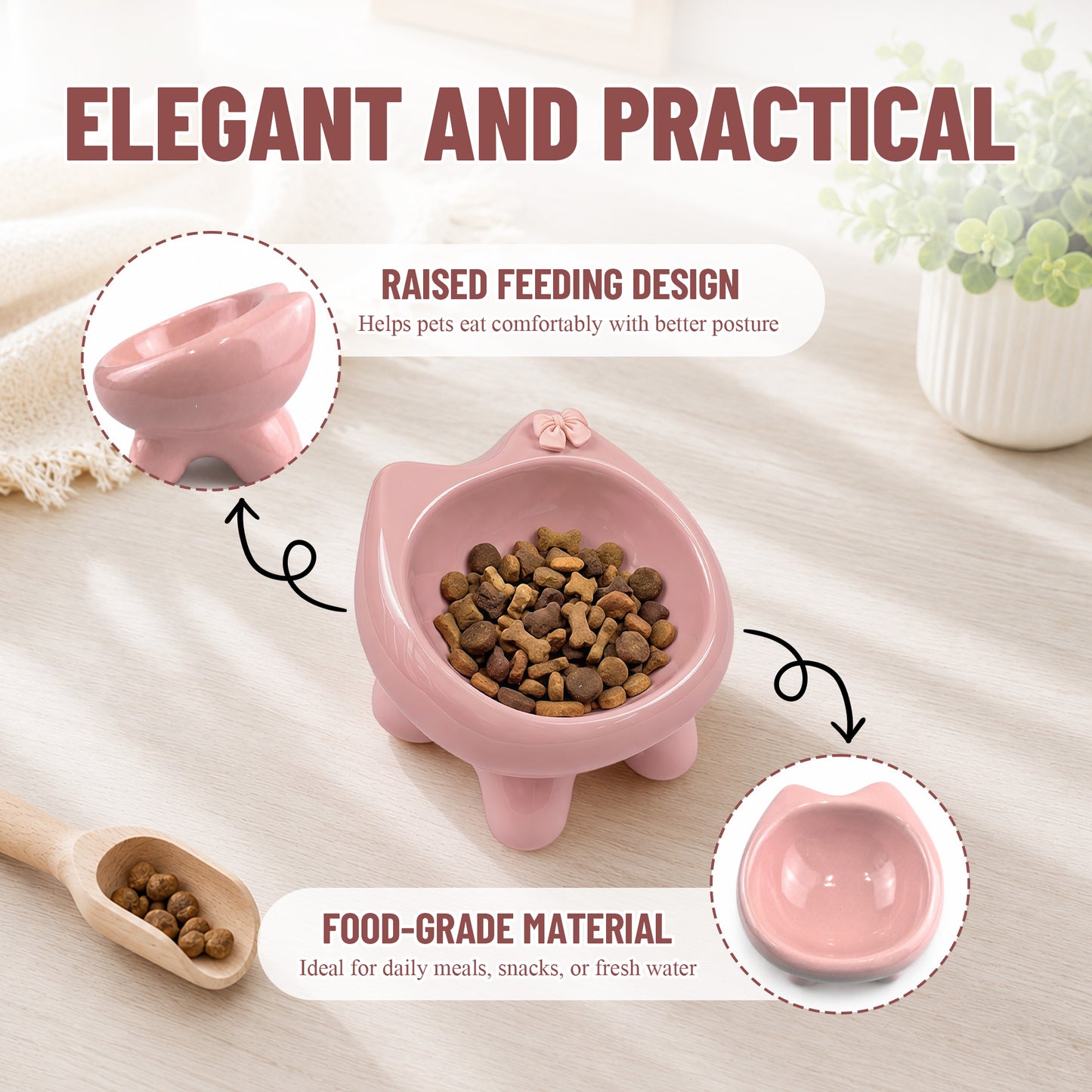 Ceramic Cat Bowl for Small Dogs and Cats: Cute Elevated Pet Food Bowl with Wide Opening, Easy Clean Feeding Dish for Kittens, Puppies and Small Pets-Pink