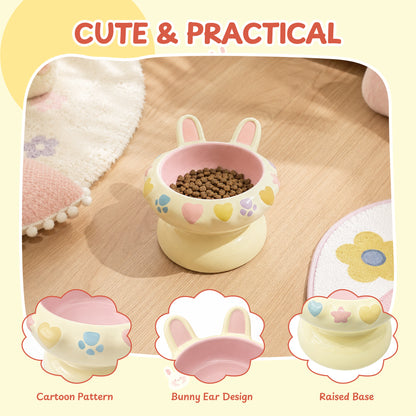 Bunny Ear Elevated Cat and Dog Food Bowl, Cute Raised Ceramic Pet Food Bowl for Cats & Small Dogs, Rabbit Ear Cat Food & Water Bowl with Pedestal Base, 5.9 Inch - Yellow