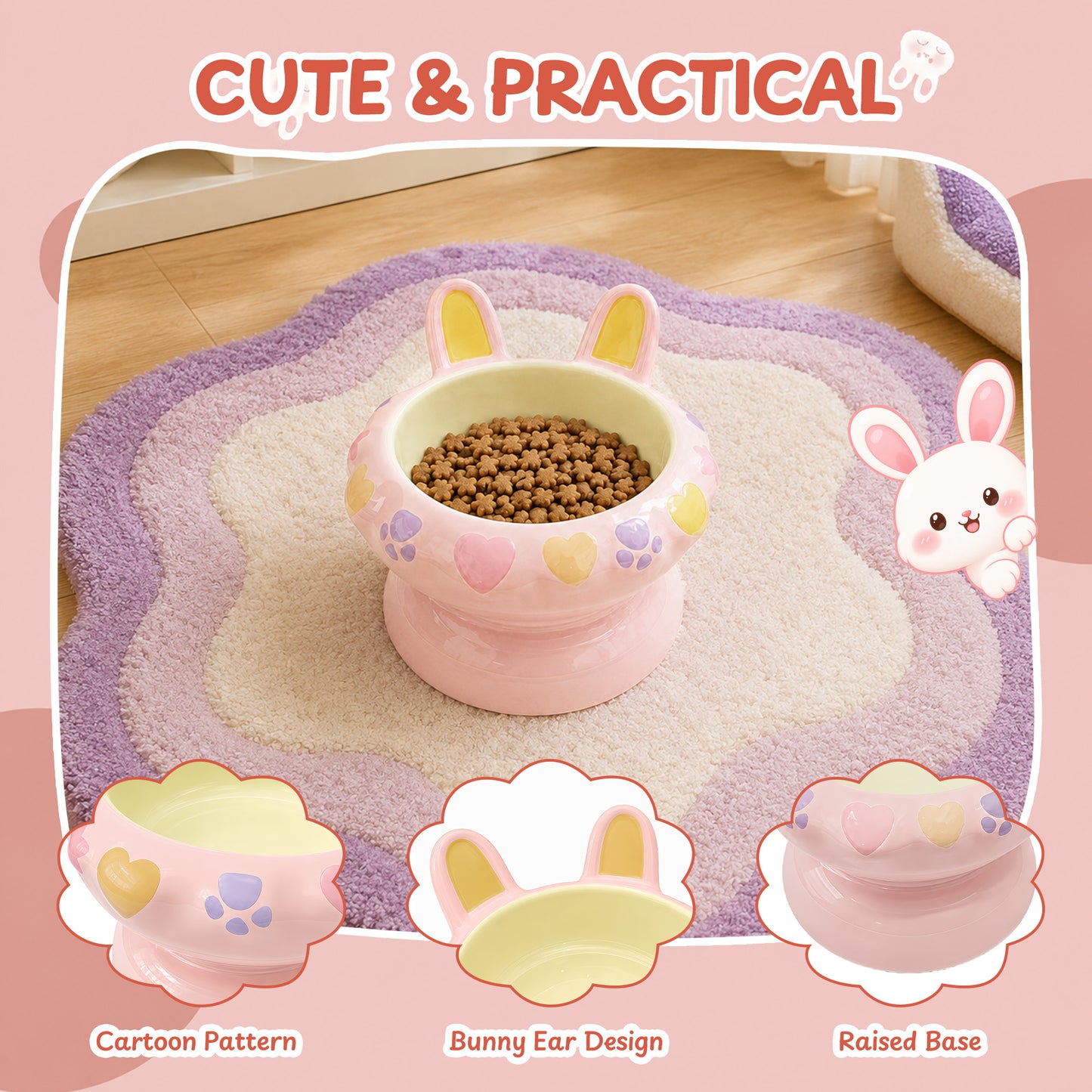 Bunny Ear Elevated Cat and Dog Food Bowl, Cute Raised Ceramic Pet Food Bowl for Cats & Small Dogs, Rabbit Ear Cat Food & Water Bowl with Pedestal Base, 5.9 Inch - Pink
