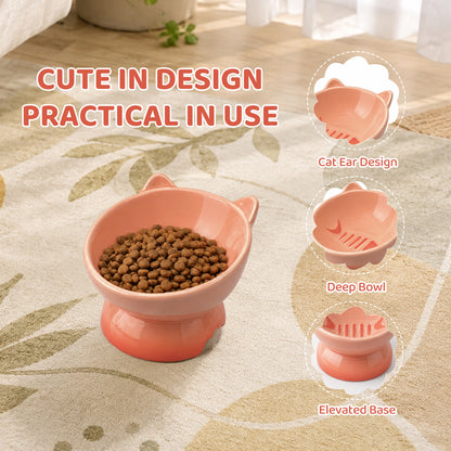 Elevated Cat Bowl, Raised Cat Food Bowl with Cute Cat Ear Design, Deep Pet Food Bowl for Small & Medium Cats and Dogs, Easy to Clean Dog Food Bowl, 5.31 Inch Orange