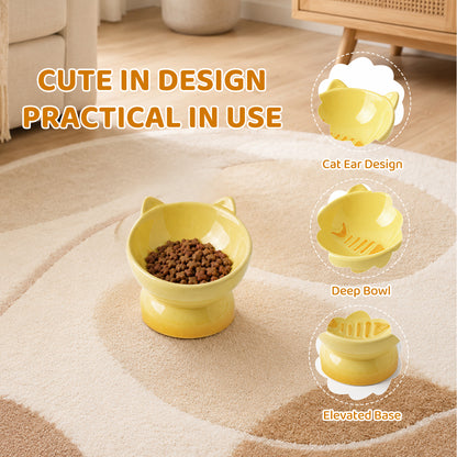 Elevated Cat Bowl, Raised Cat Food Bowl with Cute Cat Ear Design, Deep Pet Food Bowl for Small & Medium Cats and Dogs, Easy to Clean Dog Food Bowl, 5.31 Inch Yellow