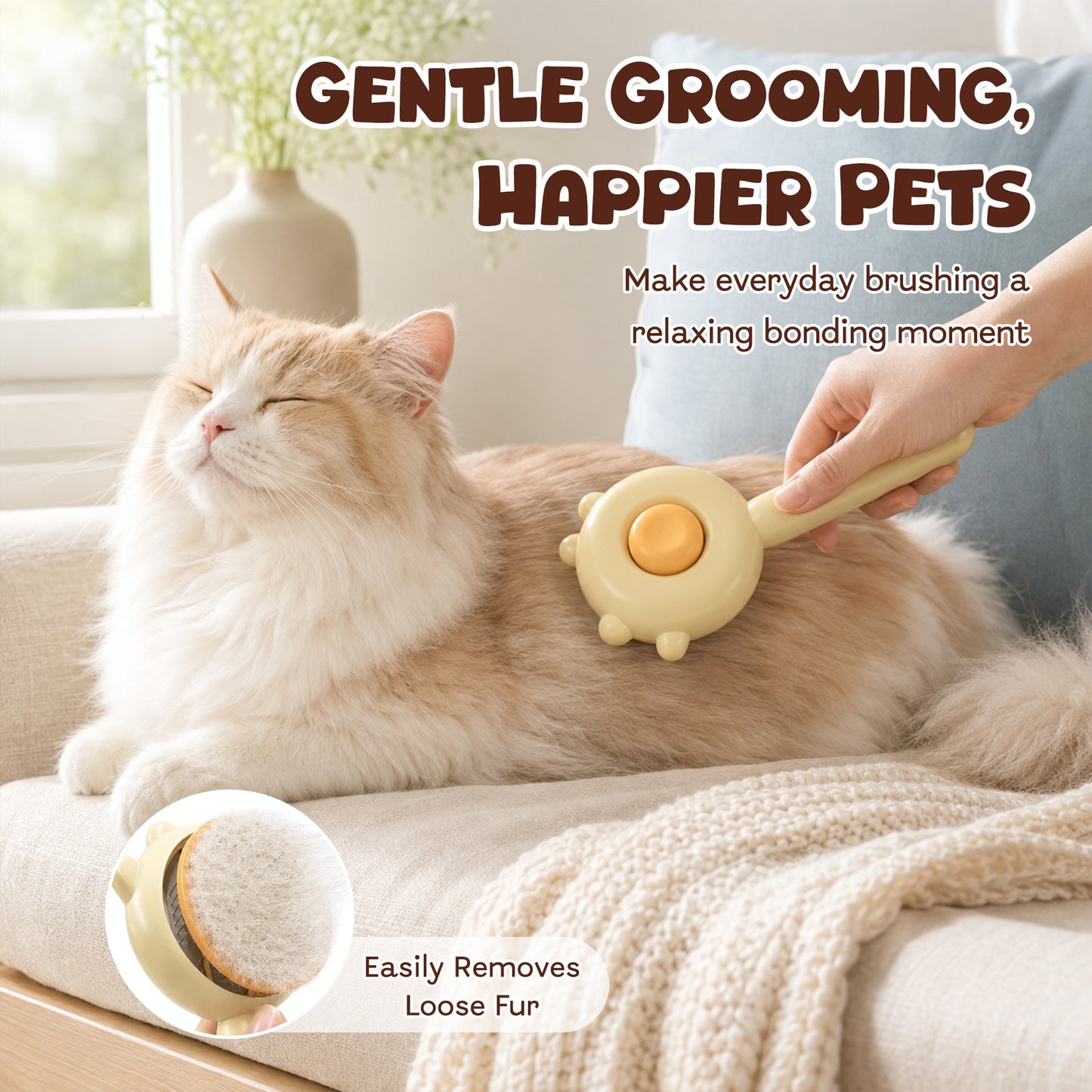 Cat & Dog Grooming Brush, Pet Hair Removal Brush for Long & Short Hair, Easy Clean Deshedding Brush for Cats and Dogs, Pet Grooming Comb for Loose Fur - Yellow
