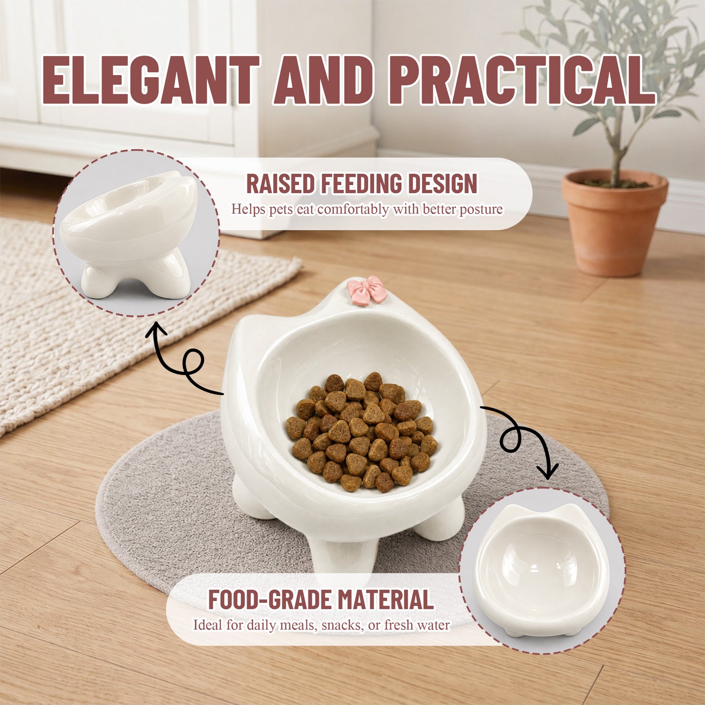 Ceramic Cat Bowl for Small Dogs and Cats: Cute Elevated Pet Food Bowl with Wide Opening, Easy Clean Feeding Dish for Kittens, Puppies and Small Pets-Beige