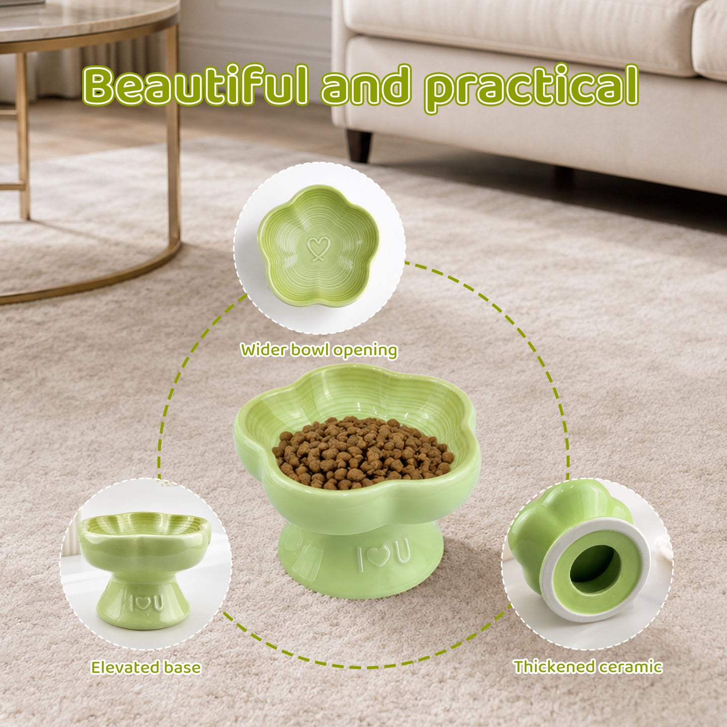 Flower Ceramic Pet Bowl for Cats and Small Dogs, Raised Pet Feeding Bowl with Wide Opening, Food Grade Ceramic Cat Bowl for Kittens, Puppies and Small Pets, Cute Elevated Food and Water Dish-green