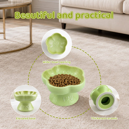 Flower Ceramic Pet Bowl for Cats and Small Dogs, Raised Pet Feeding Bowl with Wide Opening, Food Grade Ceramic Cat Bowl for Kittens, Puppies and Small Pets, Cute Elevated Food and Water Dish-green
